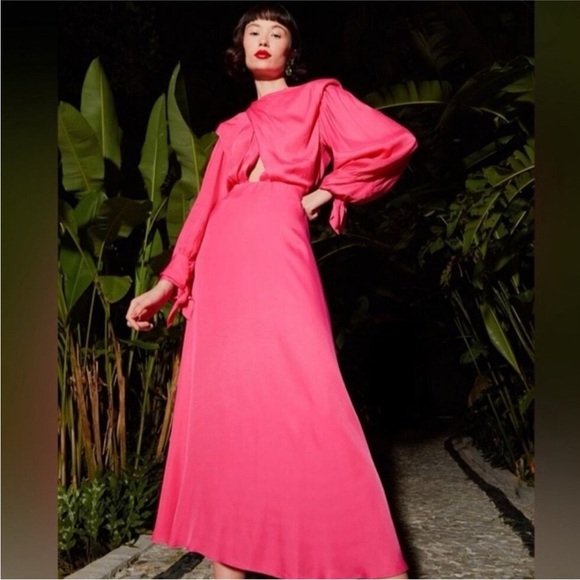 NEW! Farm Rio x Anthropologie Maxi/Midi Pink/ Long-Sleeve Cutout/Keyhole Satin - Picture 6 of 15